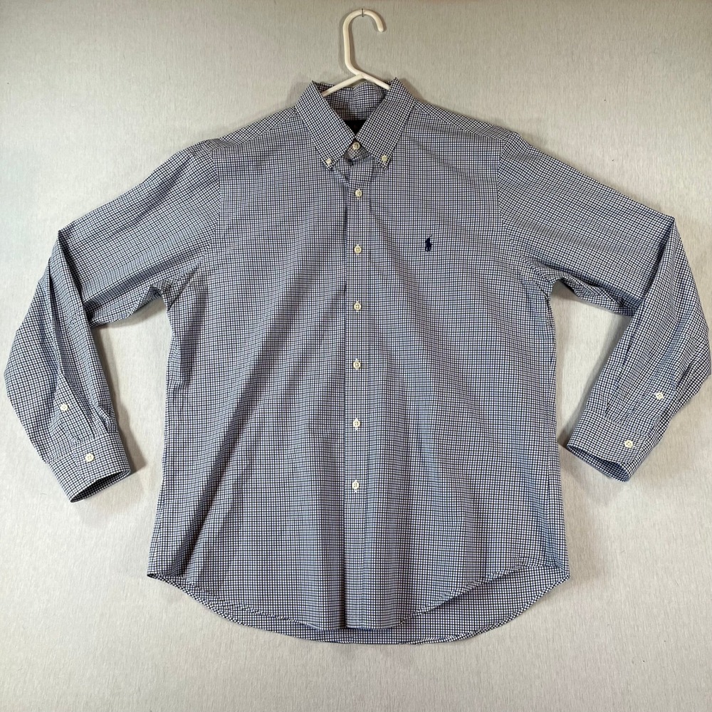 Polo Ralph Lauren Mens L Gingham Check Button Down Blue White Cotton Preppy